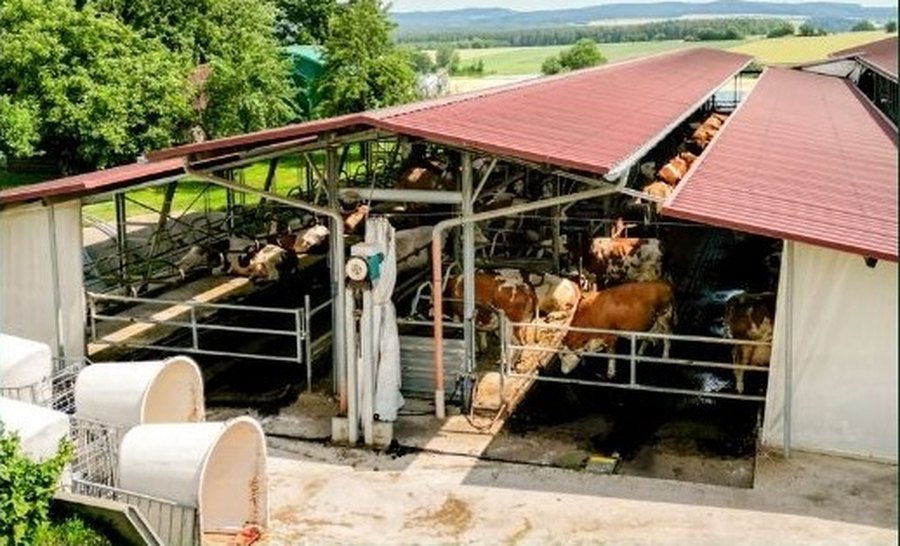 Hofanlage mit offenem Laufstall aus der Vogelperspektive