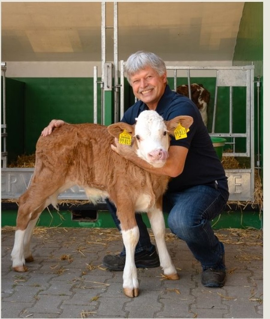 Stefan Lindner mit einem jungen Kalb im Stall